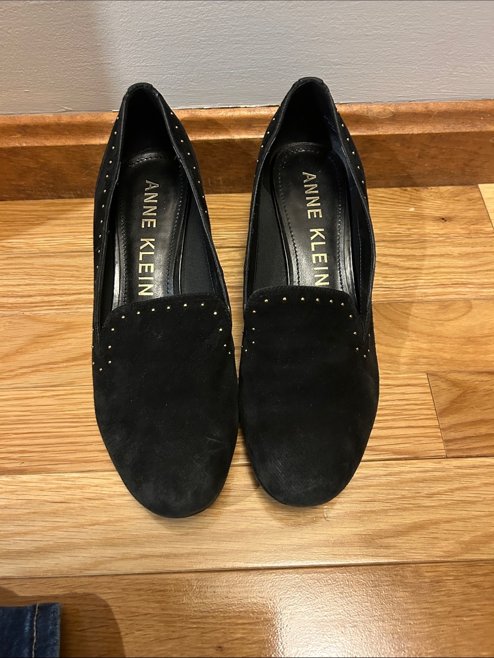 Anne Klein Black Suede Loafers with Gold Accent Studs